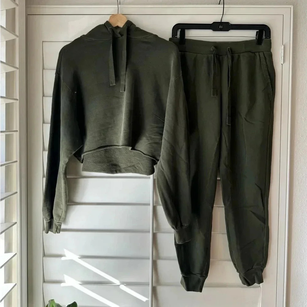 FRAME DENIM EUC Easy Organic Cotton Cropped Hoodie Joggers Set XS Forest Green - Picture 9 of 16
